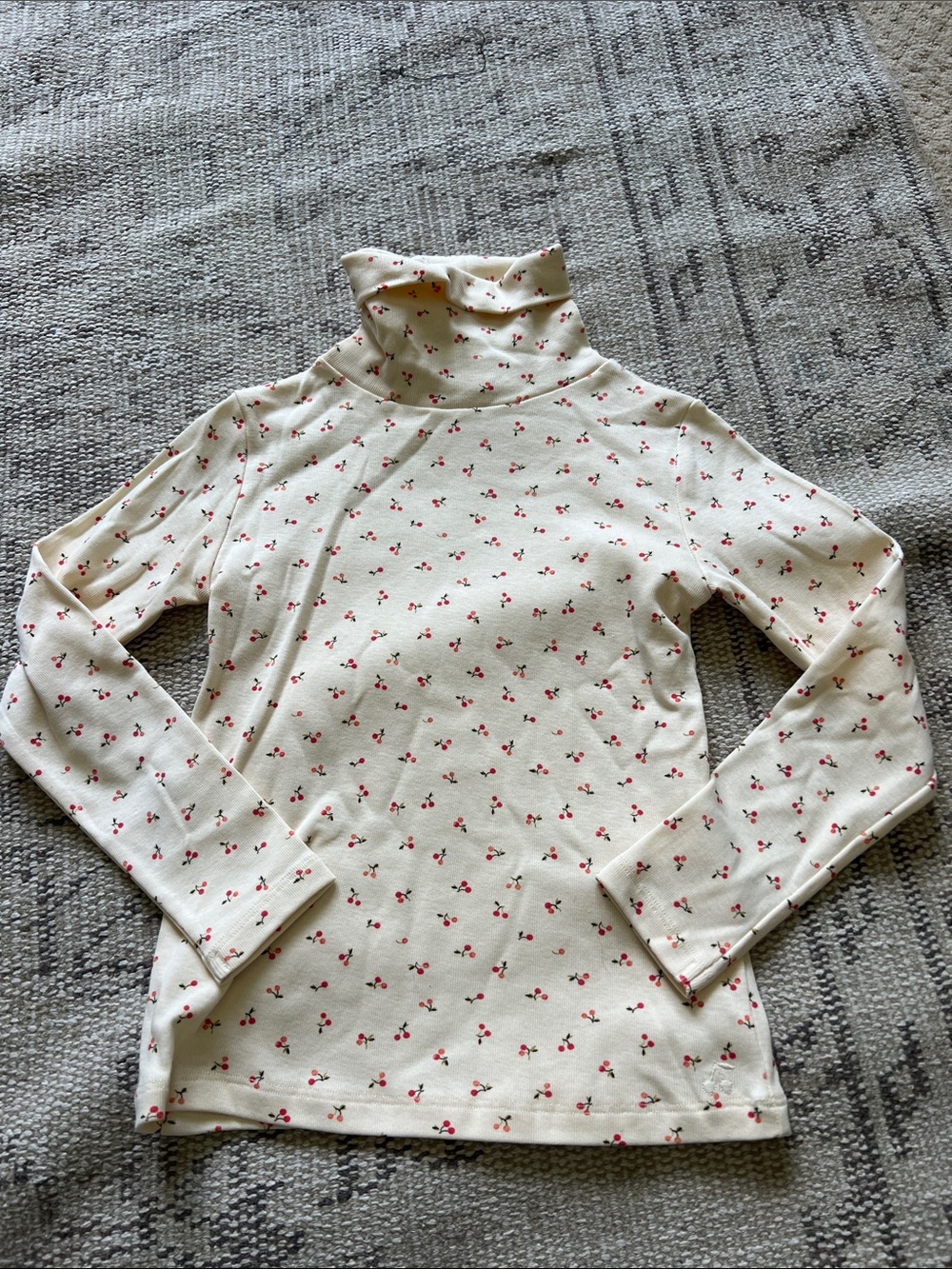 Bonpoint Butter Yellow Cream Long Sleeve Turtleneck Tee with Red Cherry Print